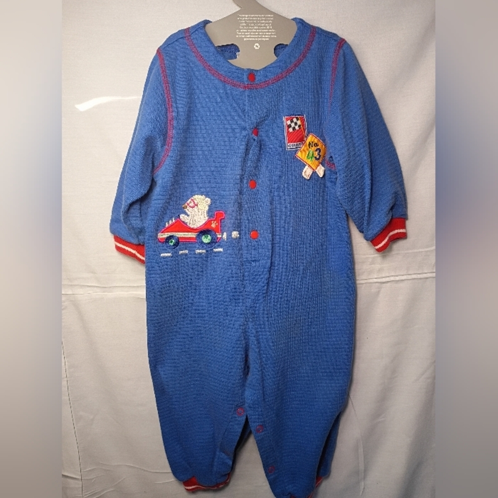 Cozy Blue Kids Footie with Racing Bear Design